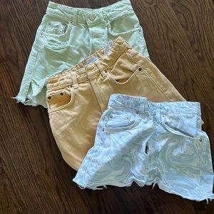 Zara shorts 3 pairs, mint green washed orange and blue and white swirl size 0
